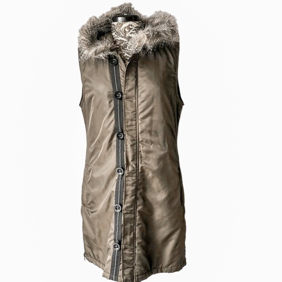 Anoarak Long Line Hooded Vest Removable Fur Trim Olive Green Large - Picture 9 of 14